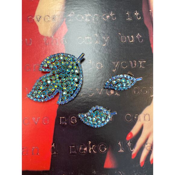 vintage 1950s Julianna aqua rhinestone brooch and earrings 50s jewelry set leaf - Picture 8 of 9